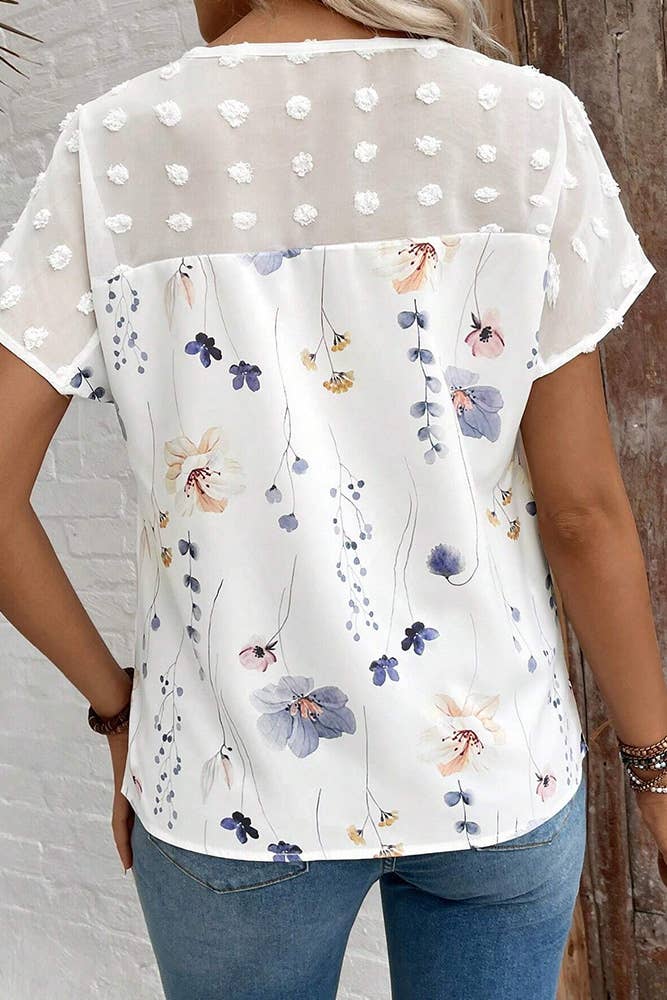 Floral Printed Lace Splicing Short Sleeves Top AXR102: White / L