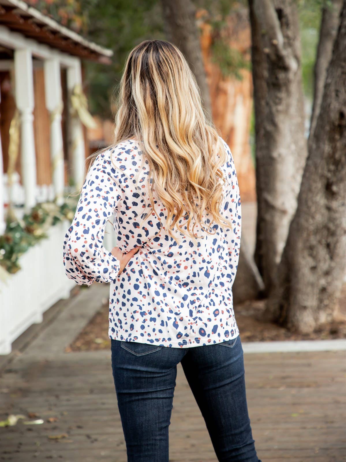 V-neck Gathered Sleeve Colette Top: Navy Pink Dot / Medium
