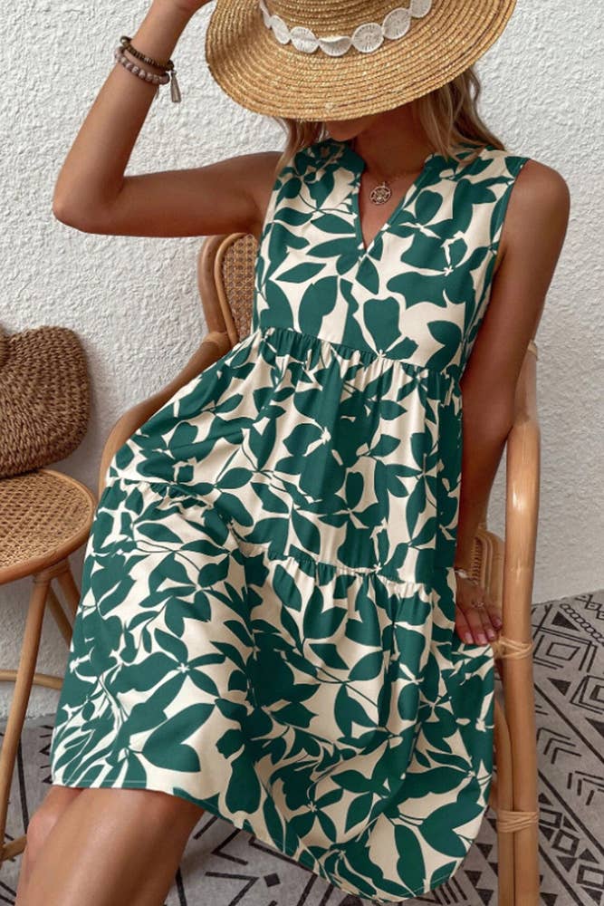 Sleeveless V Neck Flower Print Splicing Dress ZZKF764: Black / M