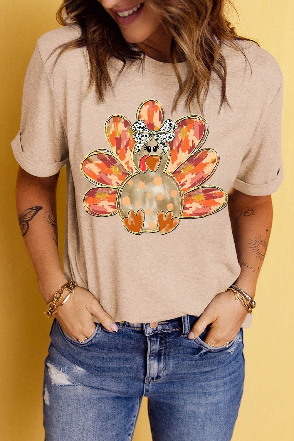 Khaki Thanksgiving Bowknot Turkey Graphic Crewneck Tee: Khaki / 62%Polyester+32%Cotton+6%Elastane / 3XL