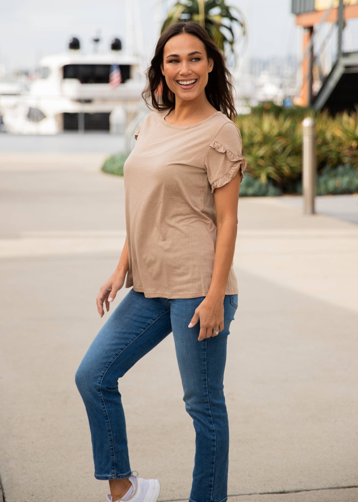 Ruffle Detail Short Sleeve Top: Tan / Medium