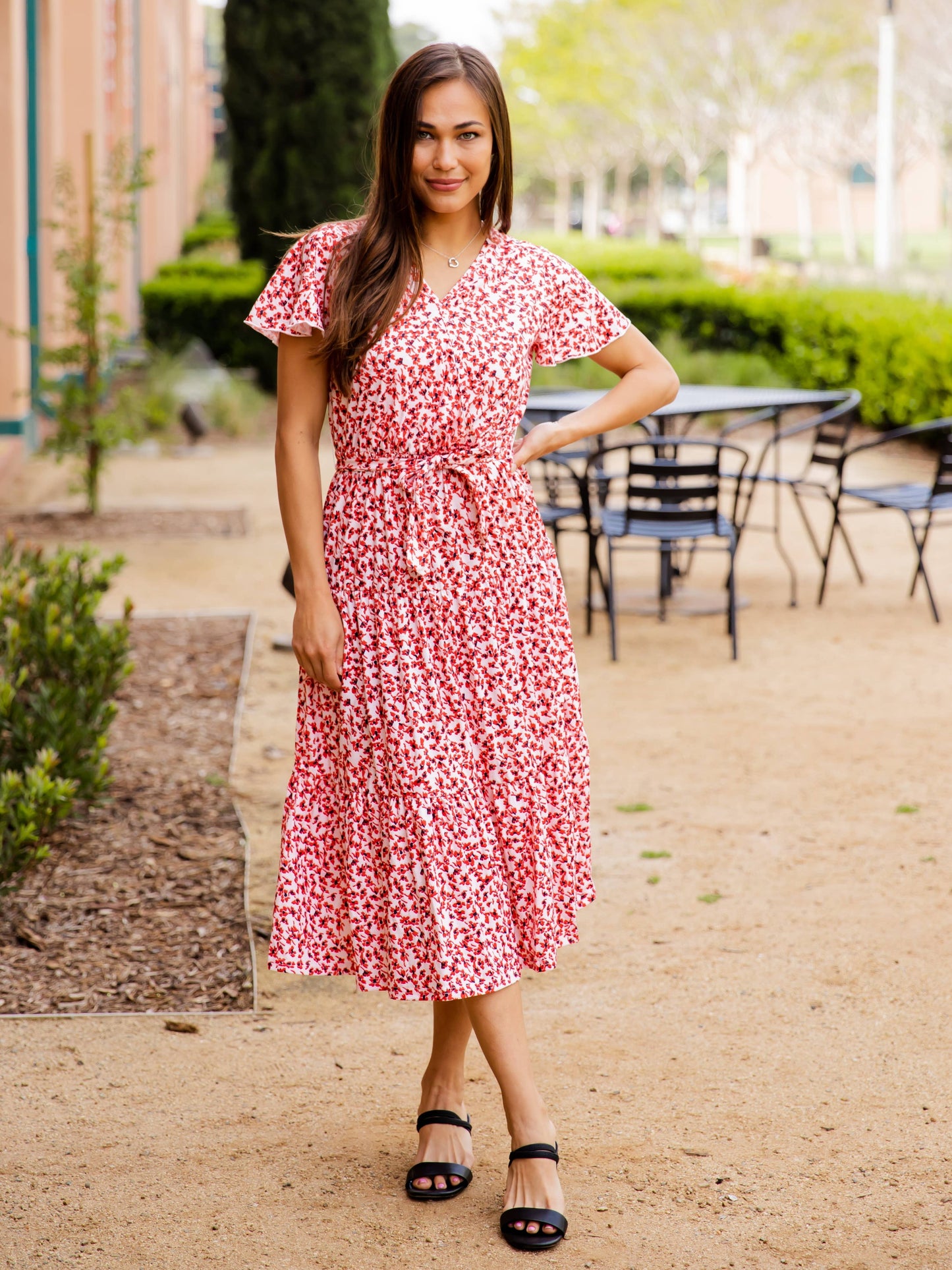 Tiered Tie Waist Stevie Dress: Floral Red Orange / Small