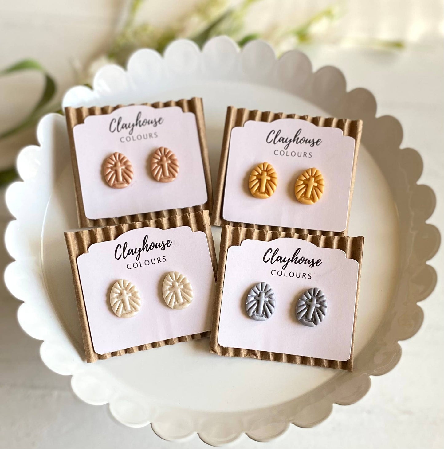 Cross Clay Studs: Pearl