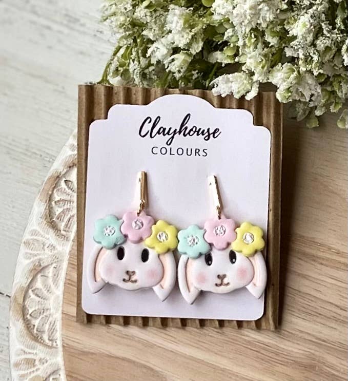 Easter Spring Earrings : Bunny with Flowers