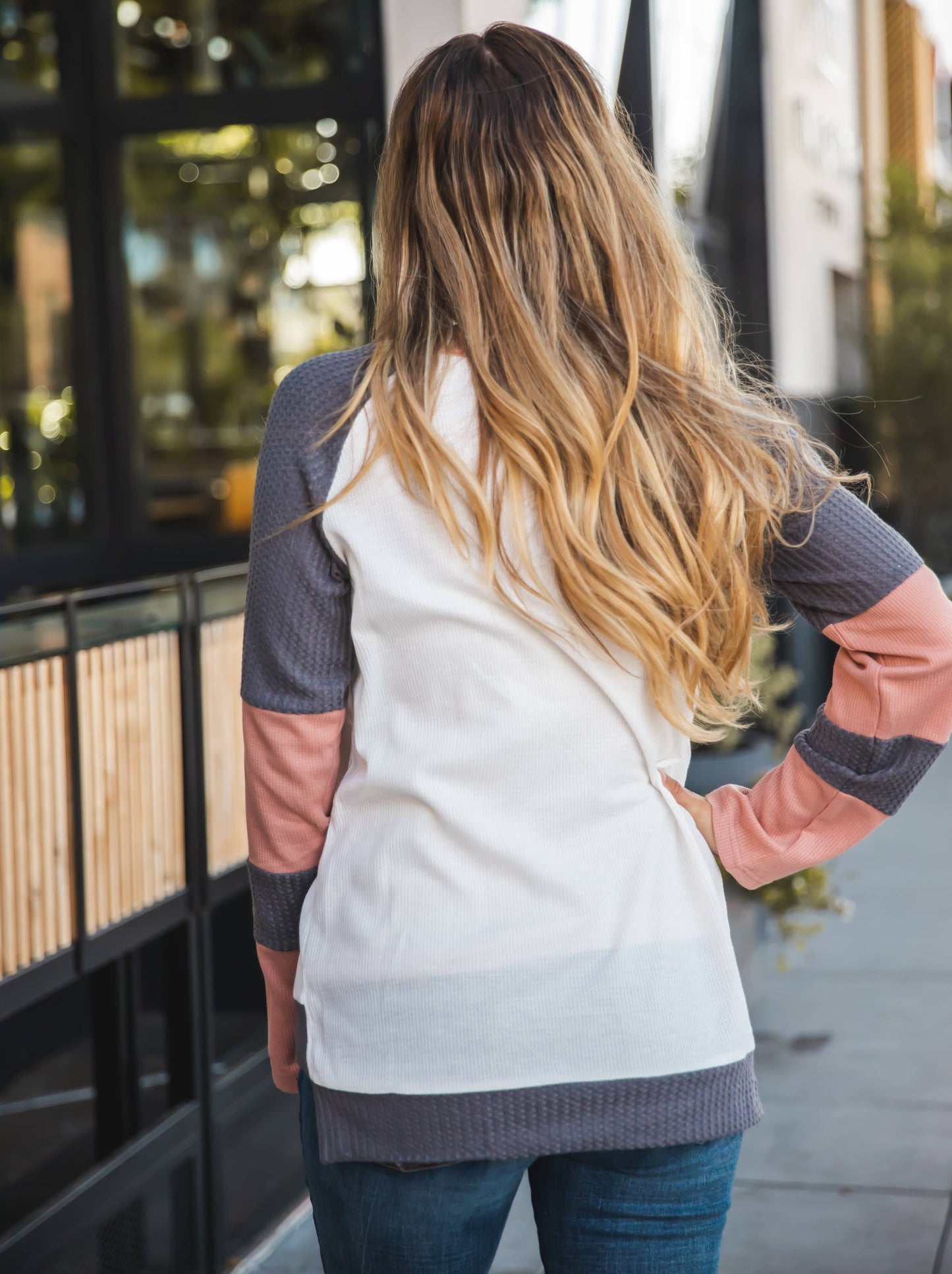 Contrast Sleeve Waffle Knit Top: Peach Gray White / Small