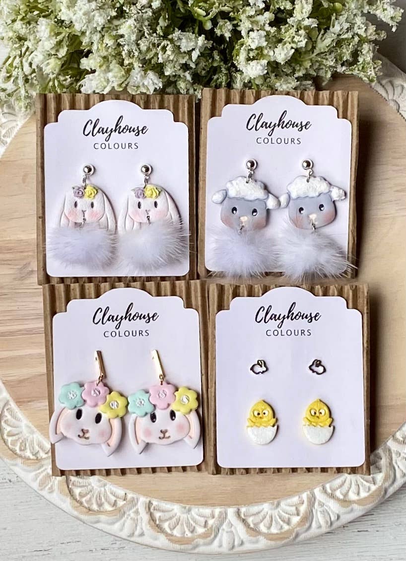 Easter Spring Earrings : Bunny with Flowers