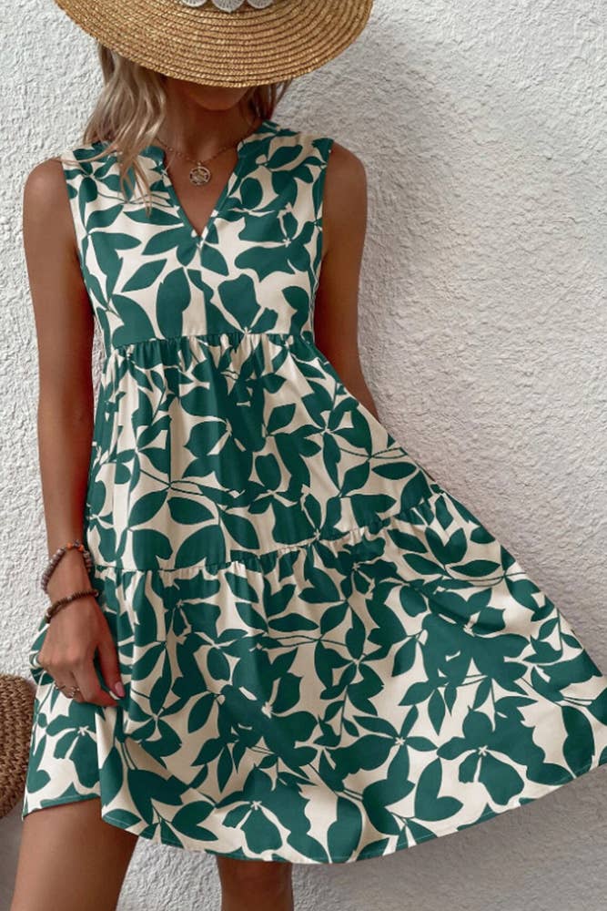 Sleeveless V Neck Flower Print Splicing Dress ZZKF764: Black / S