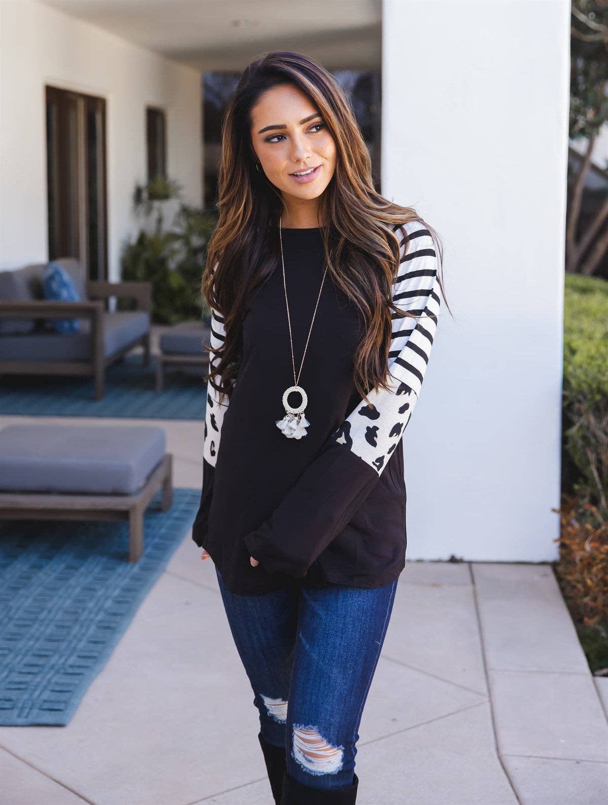Stripe Animal Print Nancy Top: Orange / X-Large
