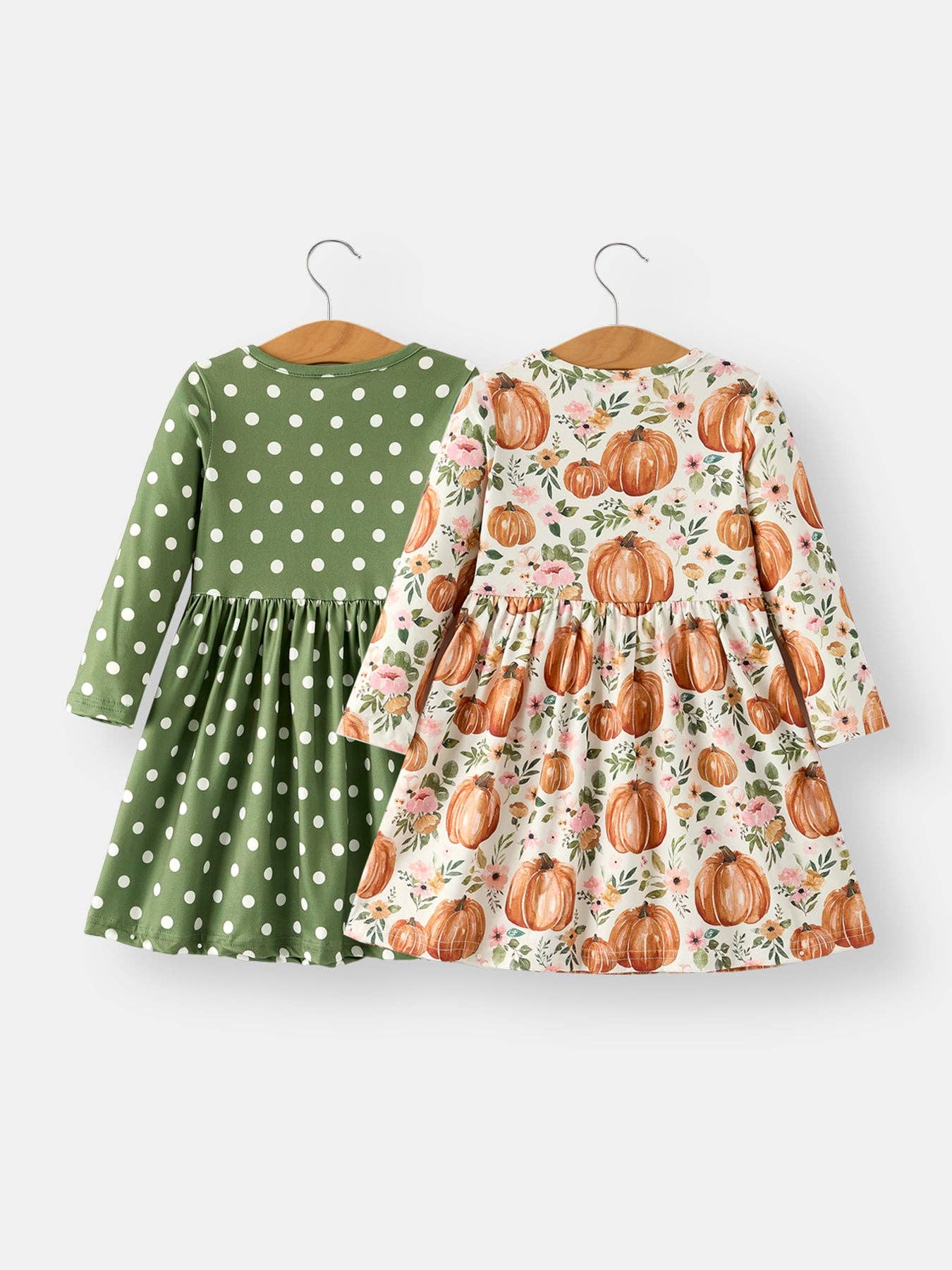 Fall Thanksgiving & Halloween Pumpkin Floral Print Long Sleeve Dress(2pcs): 2/3Y