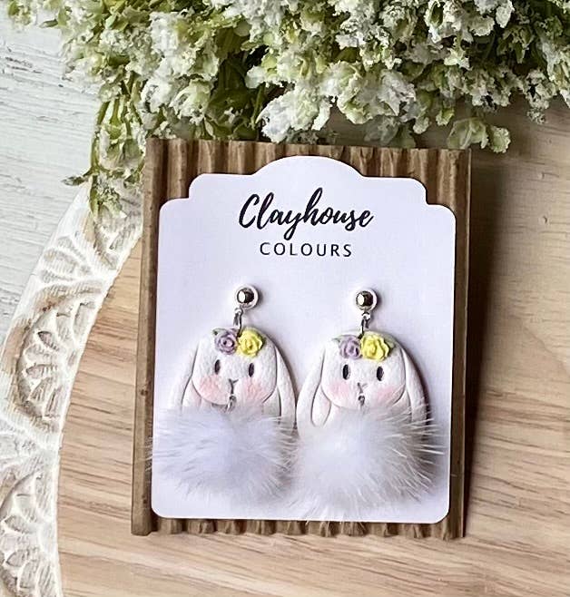 Easter Spring Earrings : Bunny with Flowers