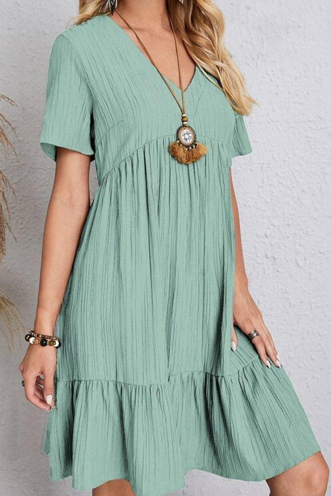 Spring Summer V Neck Short Sleeves Splicing Dress ZK1254: Light Green / M