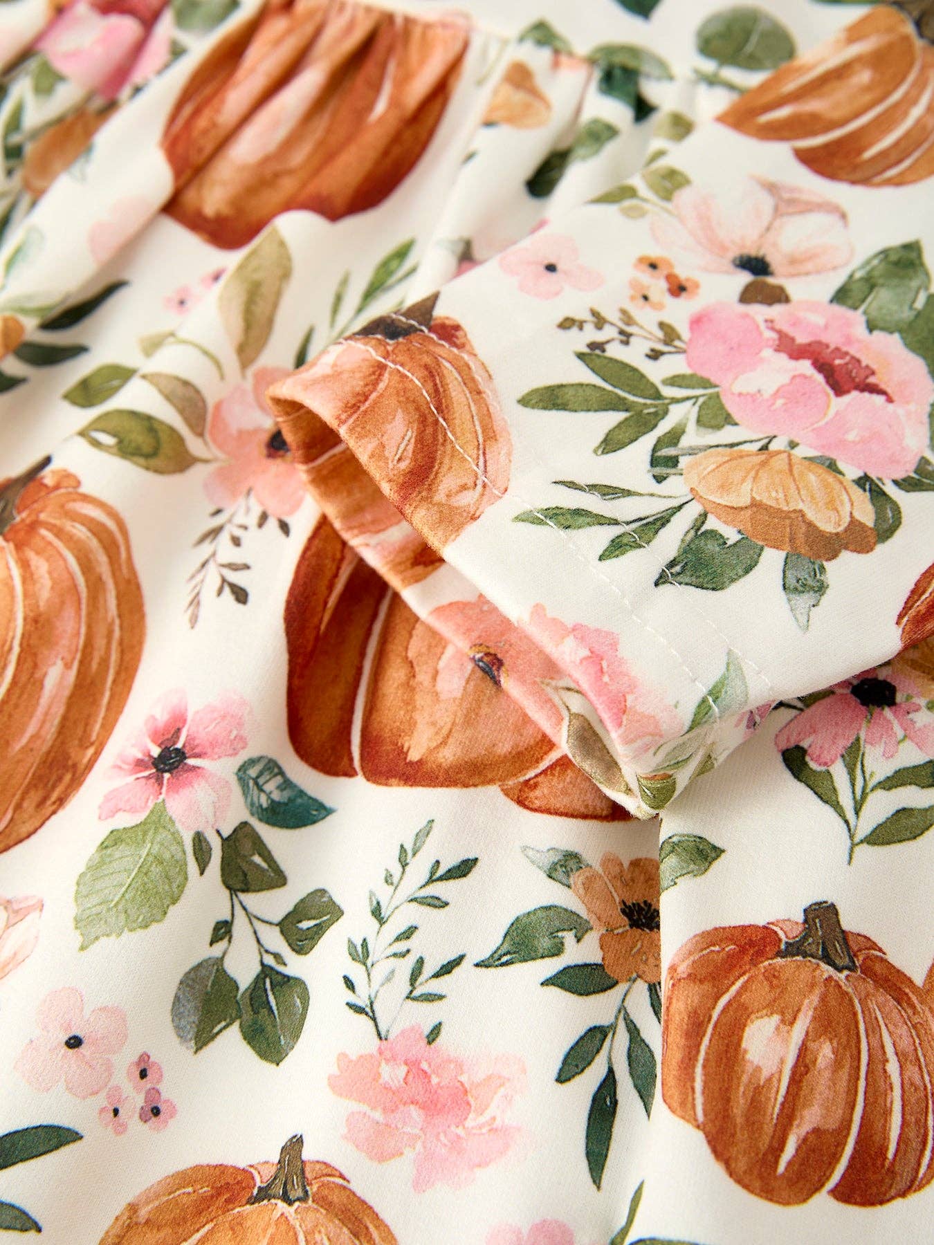 Fall Thanksgiving & Halloween Pumpkin Floral Print Long Sleeve Dress(2pcs): 4/5Y