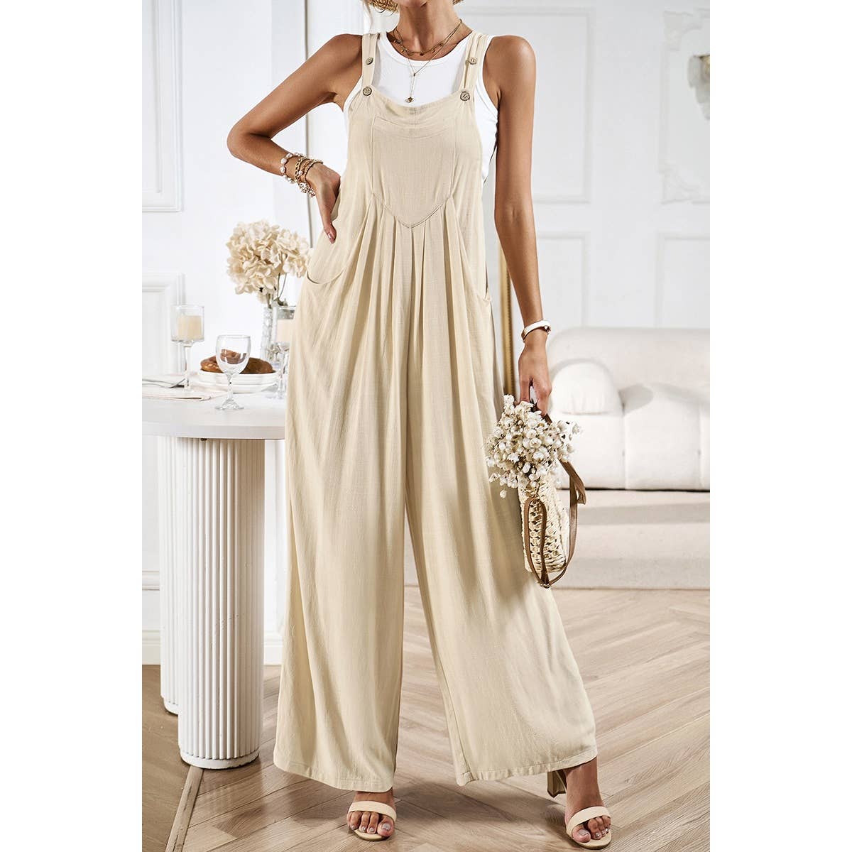 Button Detail Wide Leg Overall Pockets Jumpsuit: Rust / S