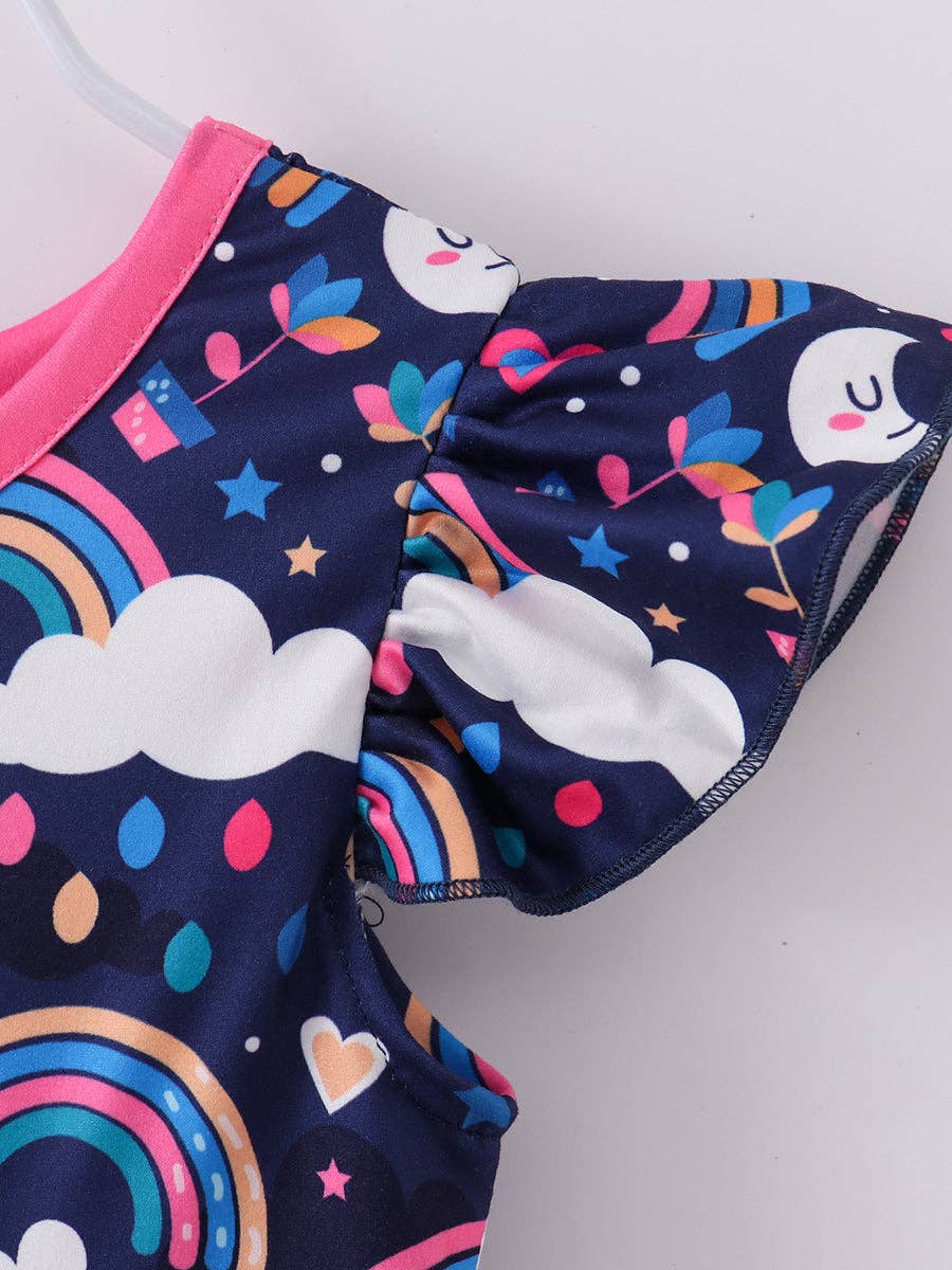 Spring Kids Clothing Blue Rainbow Cloud Ruffle Girl Dress: 3Y