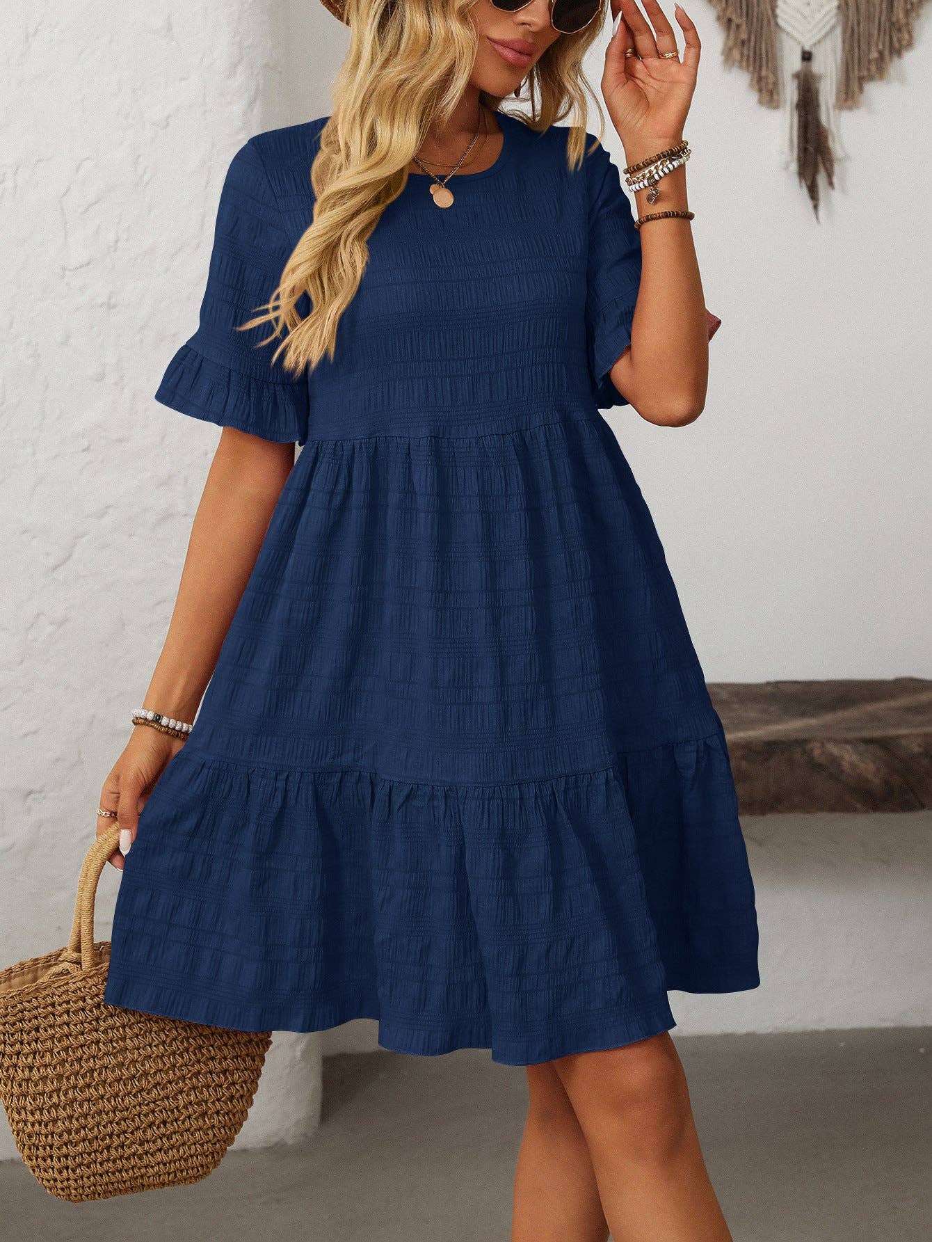 Women Ruffle Sleeve A Line Tiered Flowy Casual Trendy Mini Dress: Bean paste powder / 100% Polyester / XL