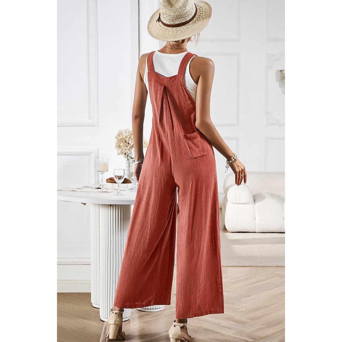 Button Detail Wide Leg Overall Pockets Jumpsuit: Rust / M