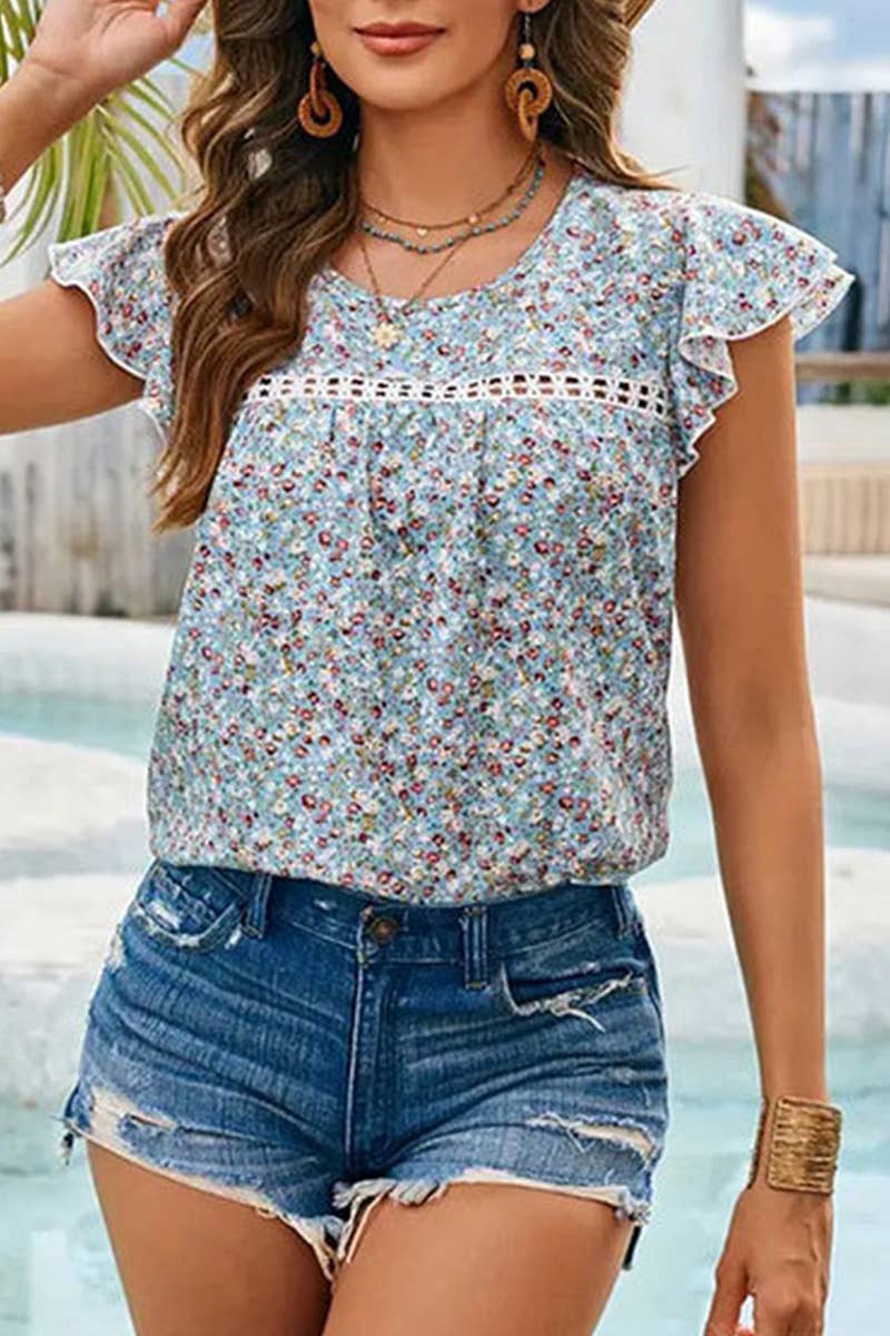 CWTTSL0345_SUMMER FLORAL LACE RUFFLE SLEEVE TOP: LIGHTBLUE / (S) 1