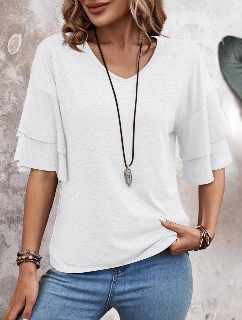 Summer V-Neck Ruffle Sleeve Loose Short-Sleeved T-Shirt: Camel / 2XL
