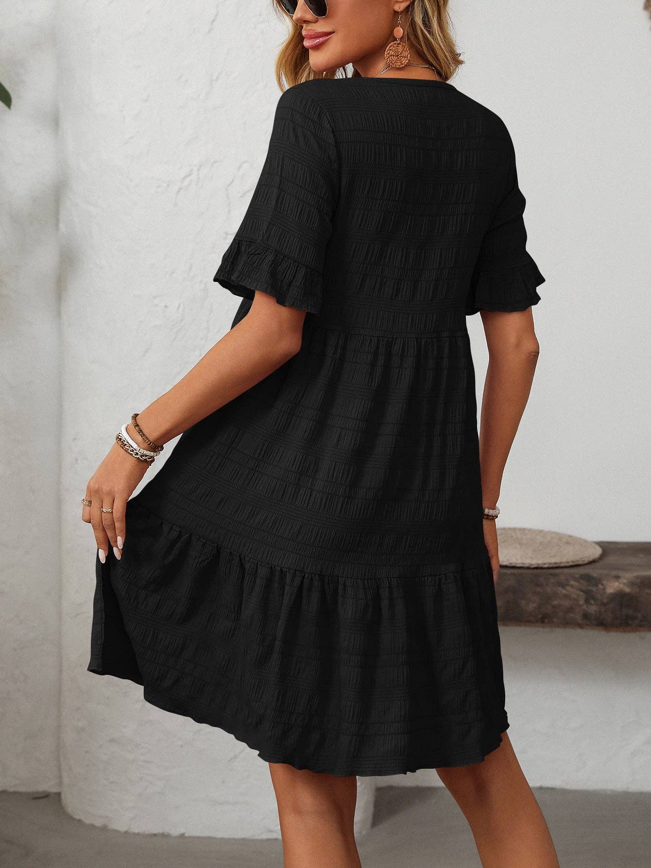 Women Ruffle Sleeve A Line Tiered Flowy Casual Trendy Mini Dress: Bean paste powder / 100% Polyester / M