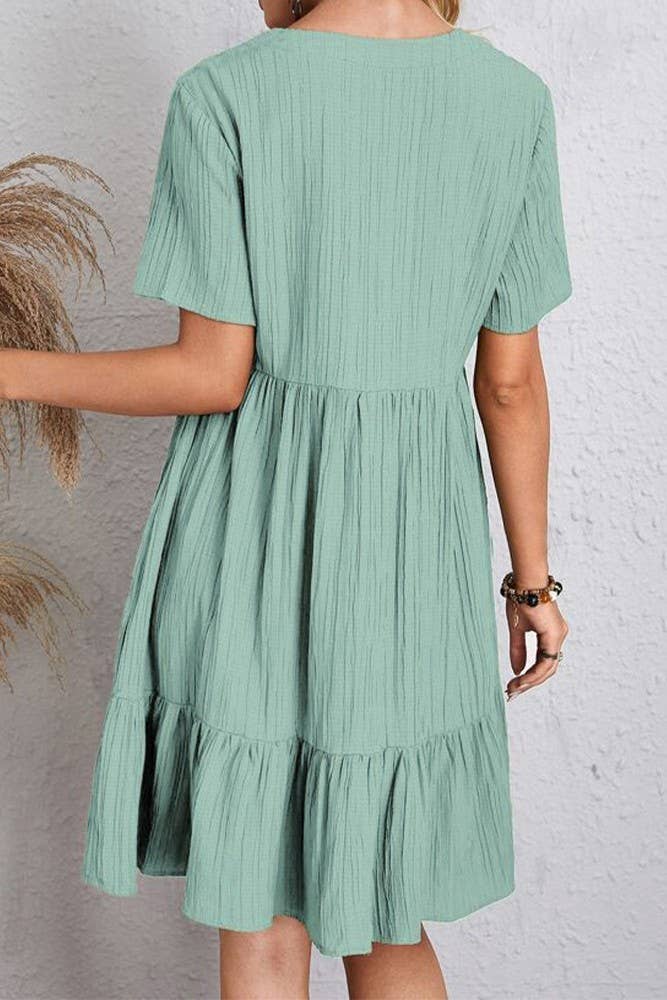 Spring Summer V Neck Short Sleeves Splicing Dress ZK1254: Light Green / XL