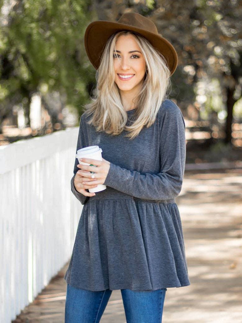 Long Sleeve Peplum Evelyn Top: Olive Green / 3X