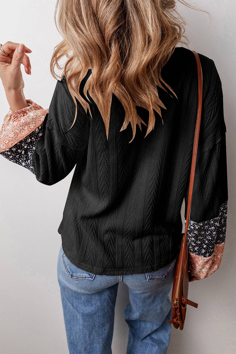 Floral Patchwork Textured Knit Drawstring V Neck Blouse: Beige / 97%Polyester+3%Elastane / S
