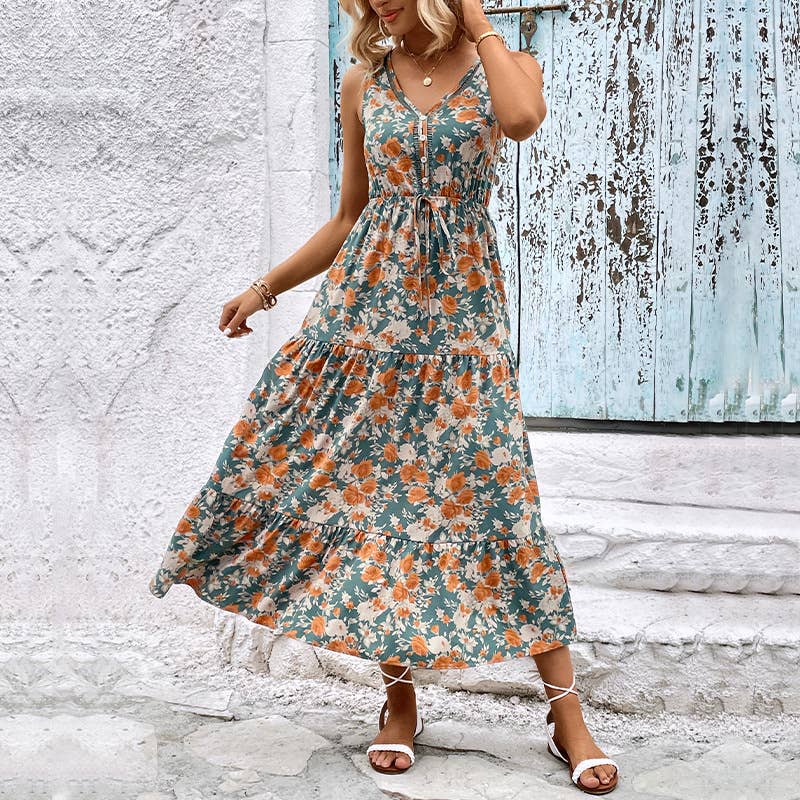 V-neck printed high waist waist long swing dress: WHITE1 / (L) 1