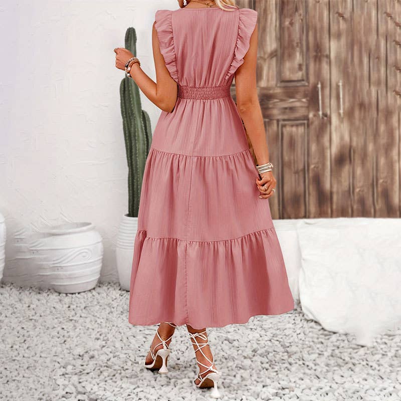 Trim jacquard dress with ruffles: APRICOT / (L) 1