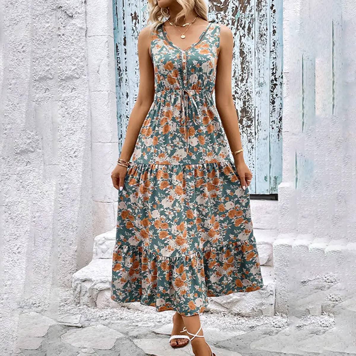 V-neck print loose high waist vest style long dress: BLUE / (S) 1