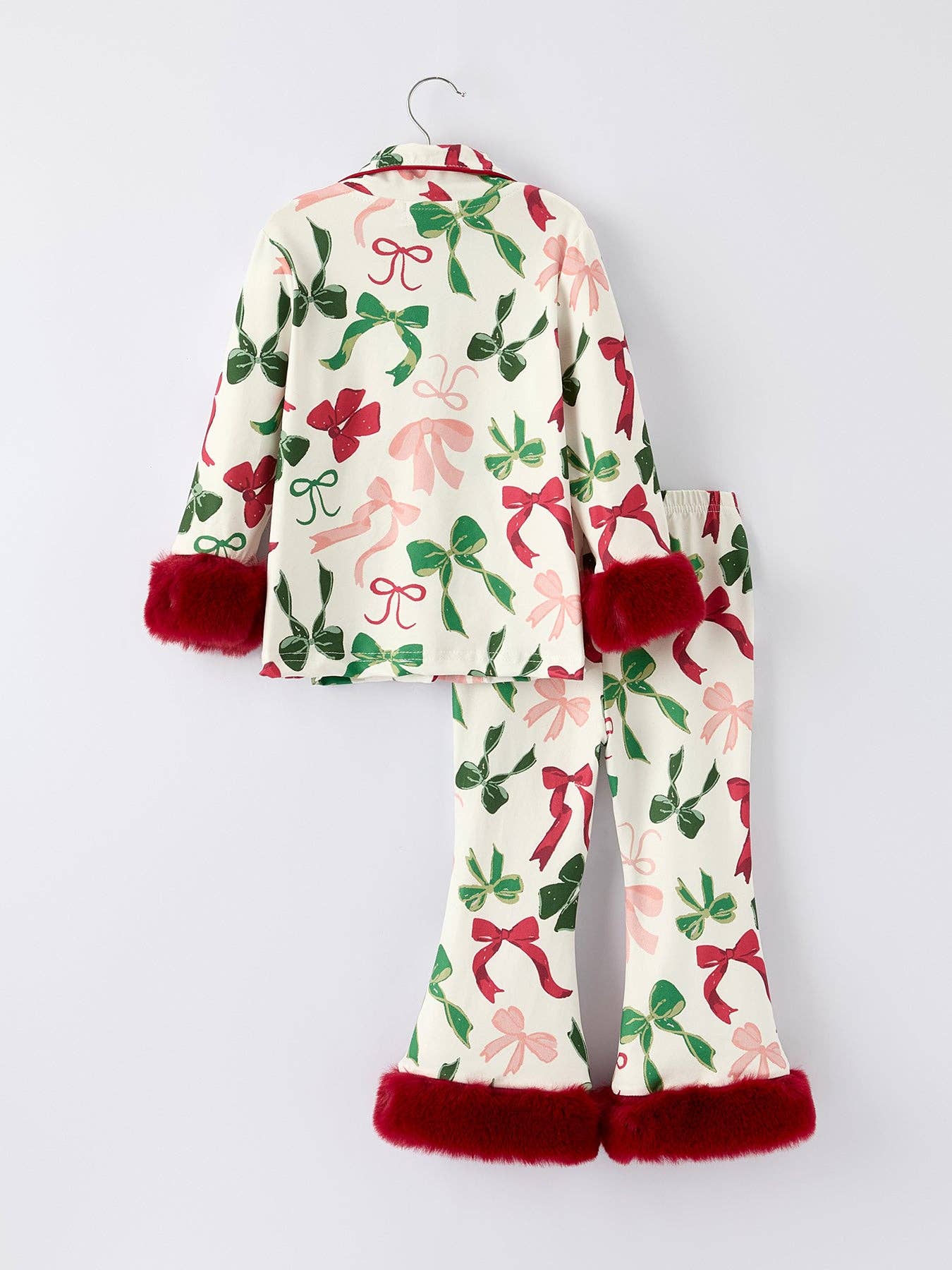 Holiday Bow Print Christmas Pajama Set – Girls Cozy Red Trim Sleepwear: 3
