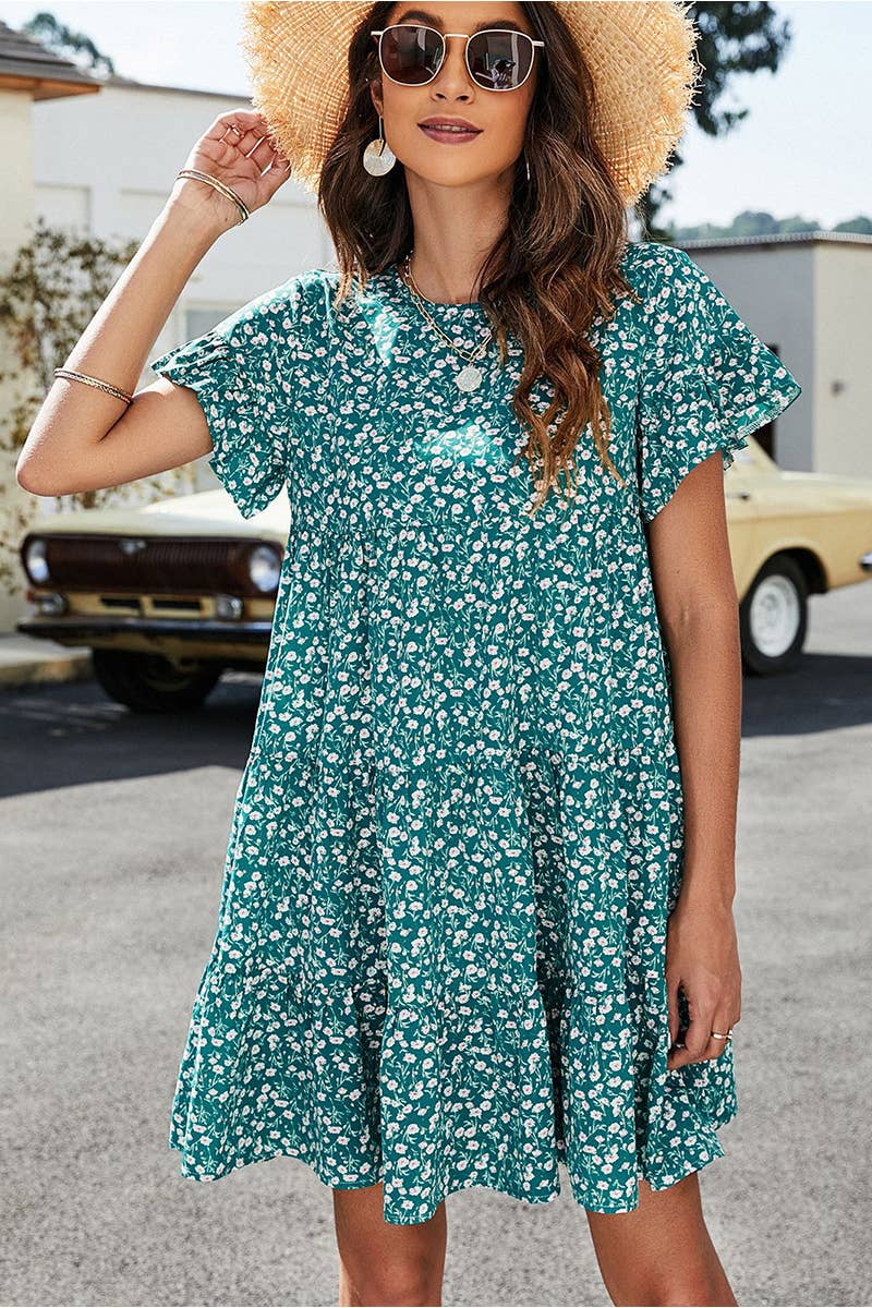 CWDSD1377_MULTI PATTERNED RUFFLE SLEEVE MIDI DRESS: GREEN / (M) 1