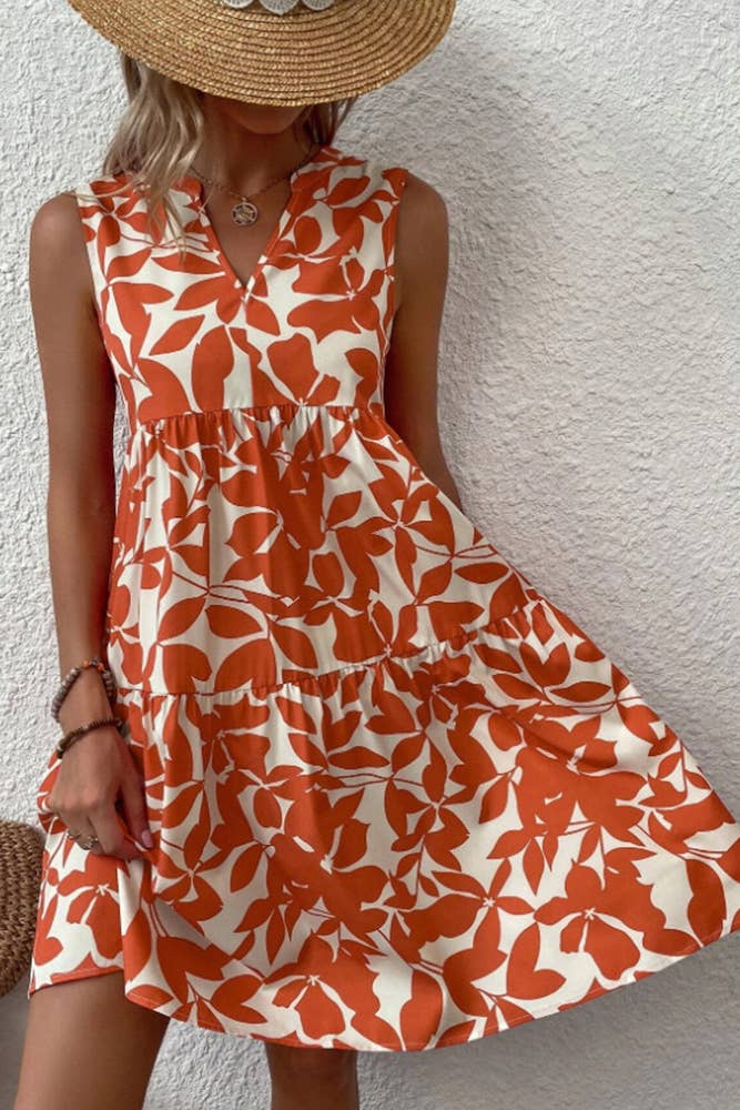 Sleeveless V Neck Flower Print Splicing Dress ZZKF764: Black / L