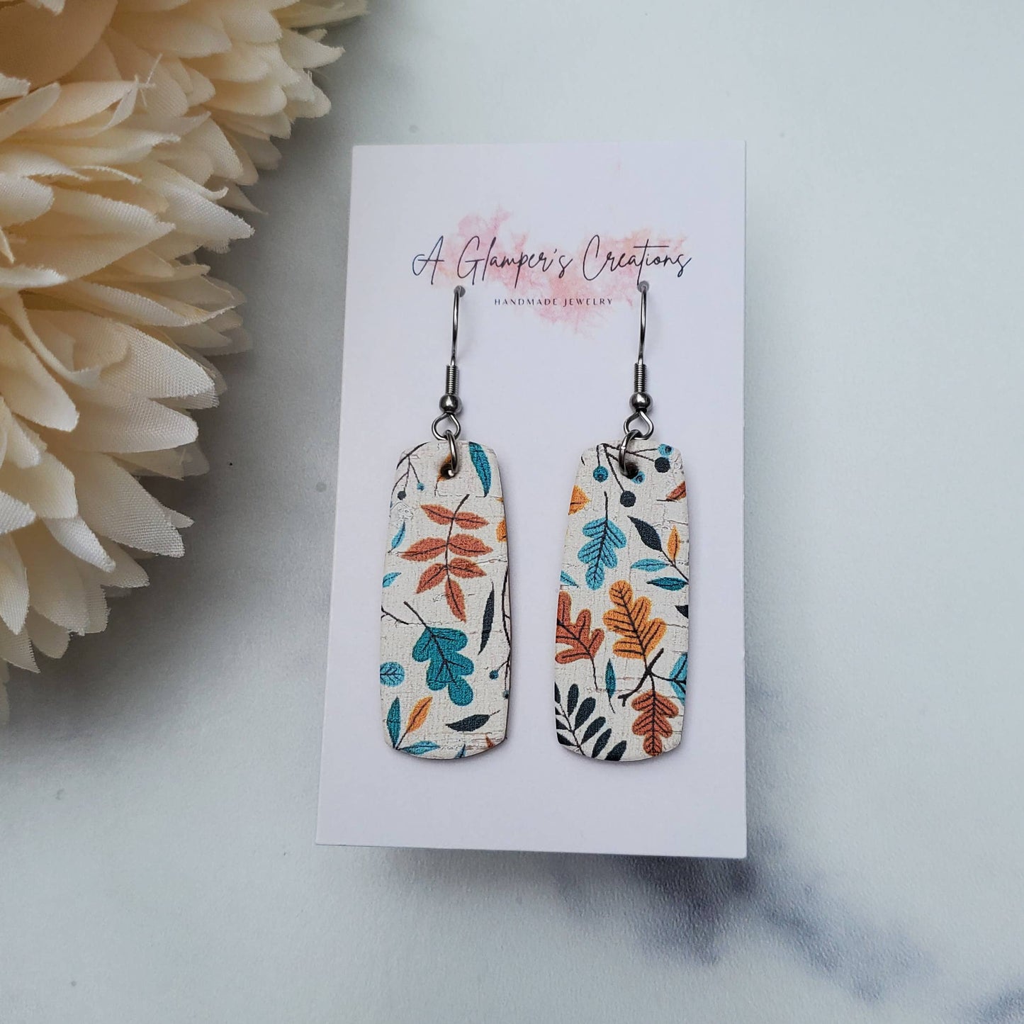 Fall Floral on White Mini Bar Leather Earrings