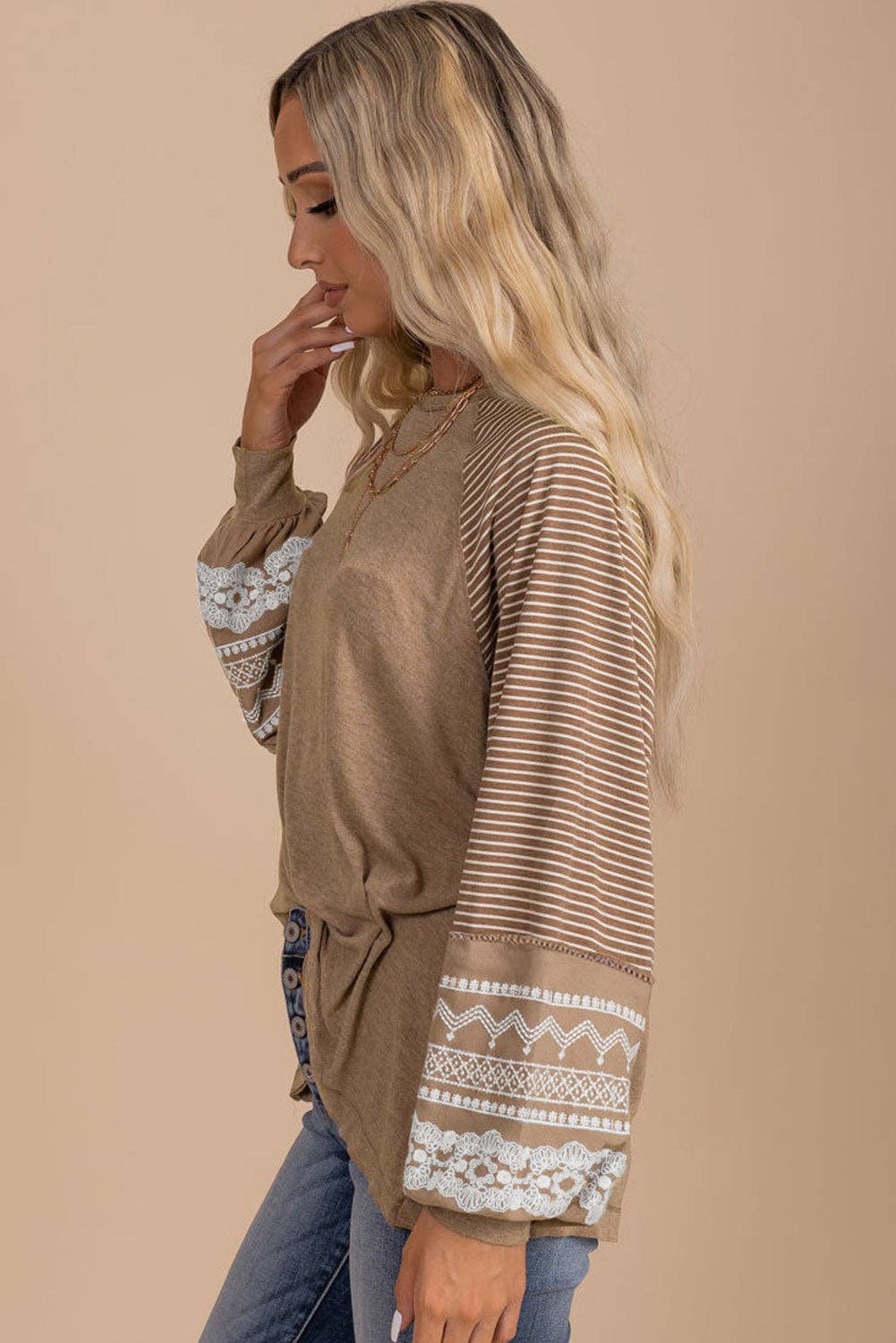 Light French Beige Floral Striped Patchwork Loose Long Sleeve Top: Light French Beige / 65%Polyester+25%Viscose+10%Elastane / S