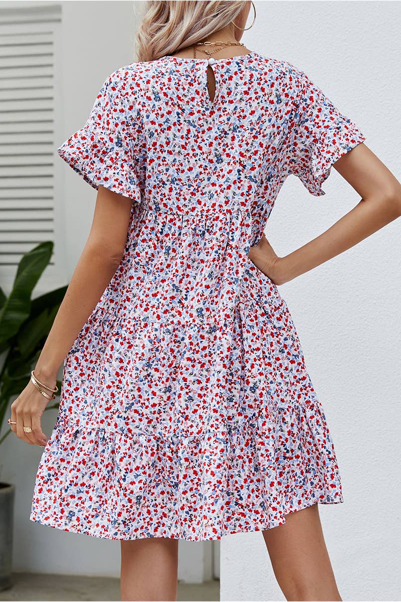 CWDSD1377_MULTI PATTERNED RUFFLE SLEEVE MIDI DRESS: GREEN / (S) 1