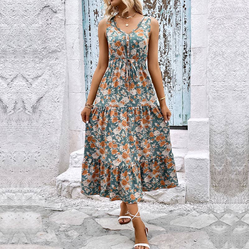 V-neck printed high waist waist long swing dress: BLUE / (M) 1
