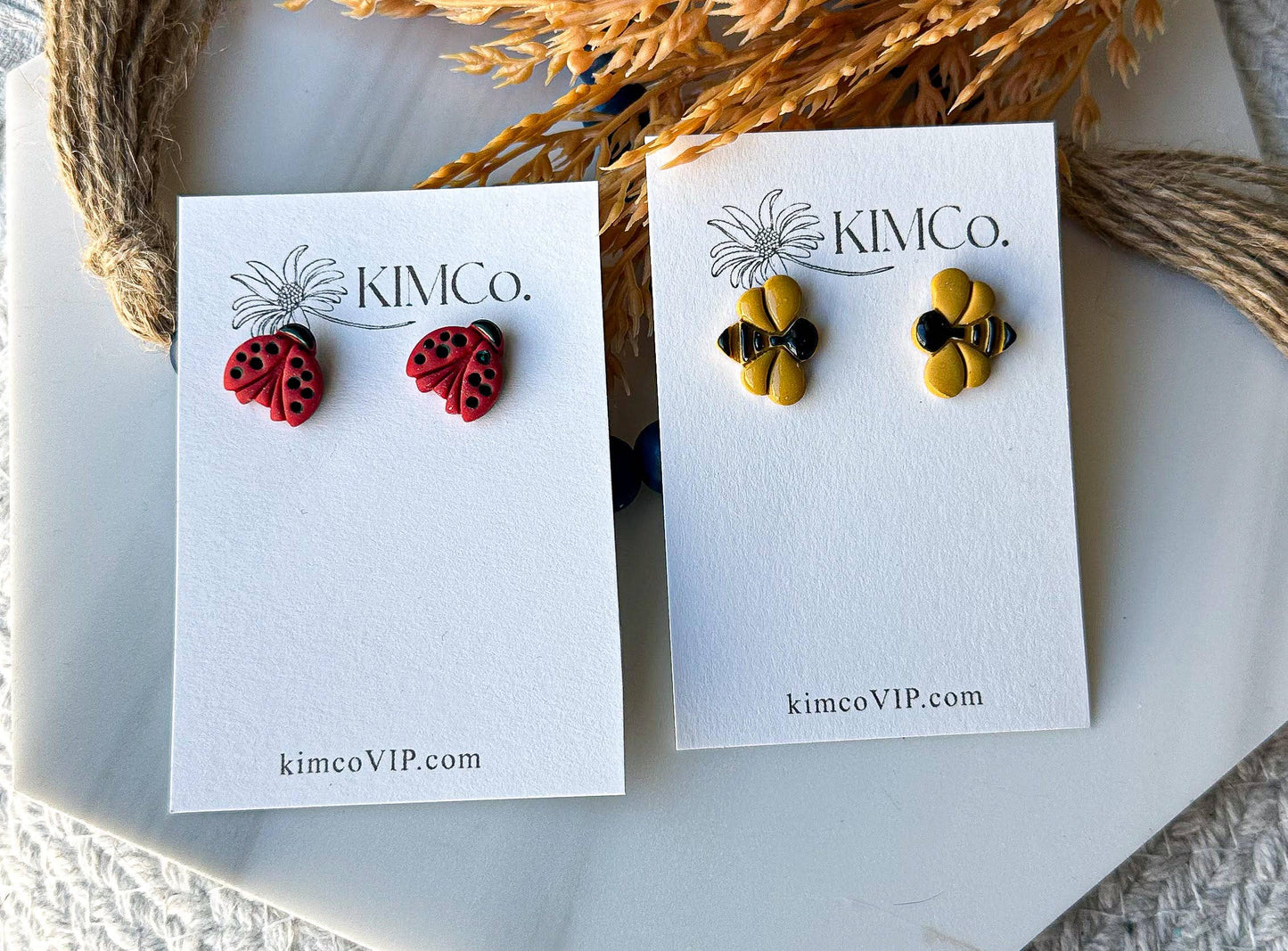 Polymer Clay Stud Earrings - Bumblebee and Ladybug: Bumblebee
