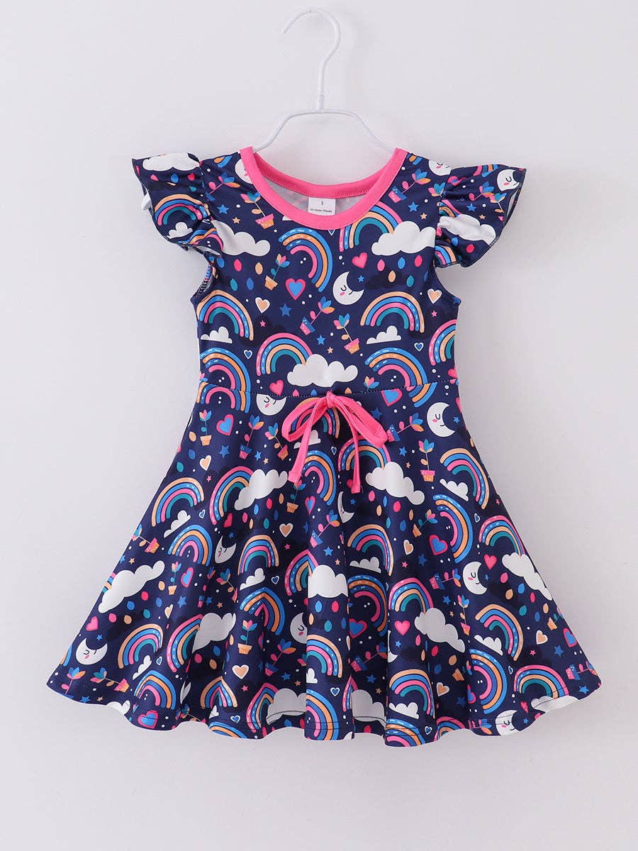 Spring Kids Clothing Blue Rainbow Cloud Ruffle Girl Dress: 3Y