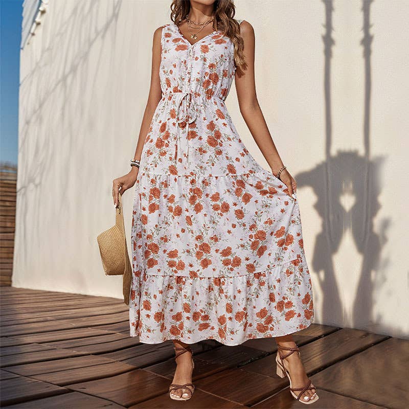 V-neck printed high waist waist long swing dress: WHITE1 / (S) 1