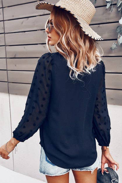 Solid V Neck Lantern Sleeve Swiss Dot Shirt: PINK / M