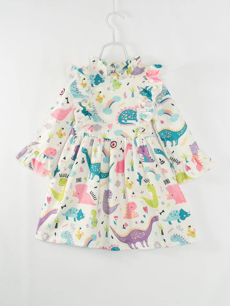 Multicolor Dinosaurs Ruffle Girl Twirl Dress: 3Y Honey Bee Boutique Multicolor Dinosaurs Ruffle Girl Twirl Dress: 3Y Honey Bee Boutique