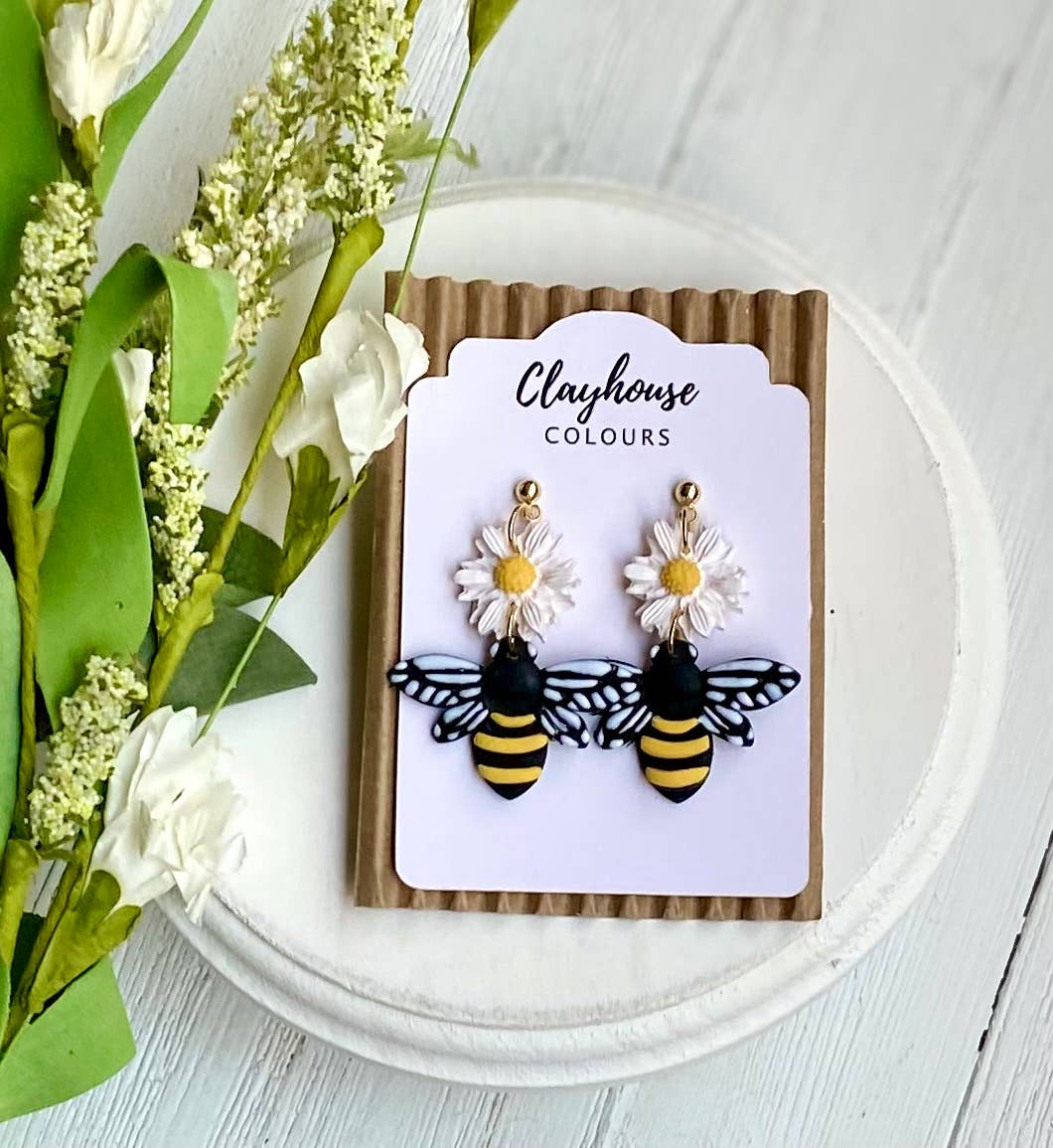 Bee Clay Earrings: Bee with Flower