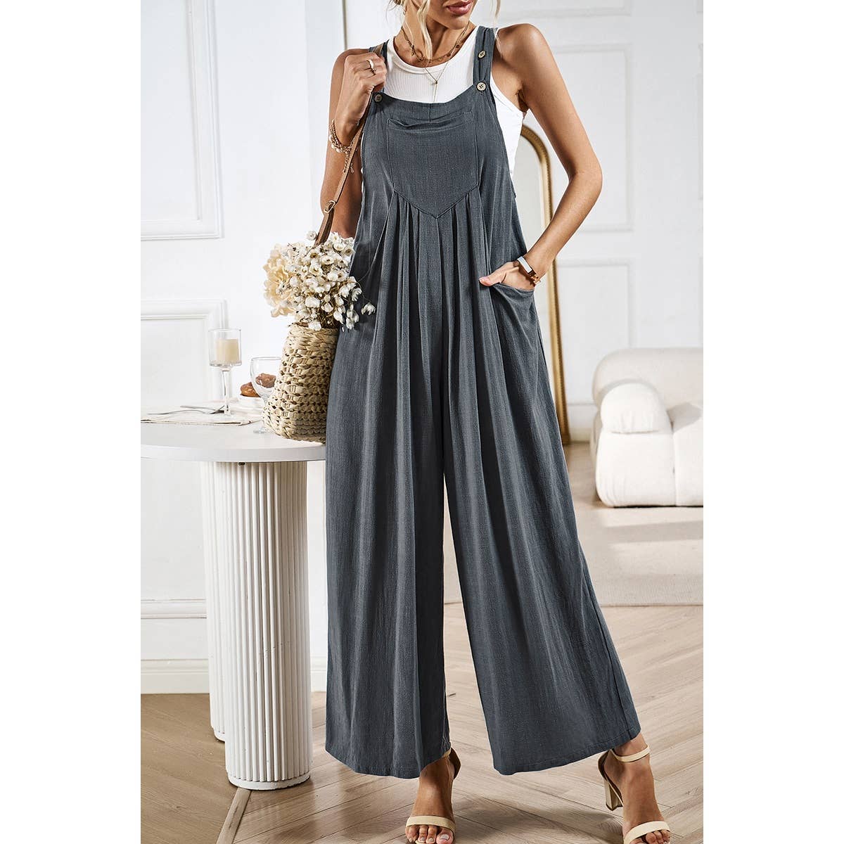 Button Detail Wide Leg Overall Pockets Jumpsuit: Rust / L