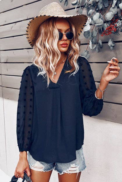 Solid V Neck Lantern Sleeve Swiss Dot Shirt: PINK / M