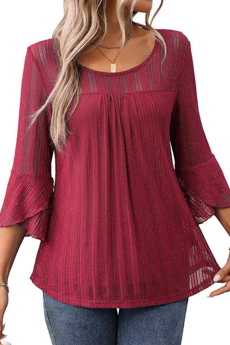 CWTBLL3696_ROUND NECK RUFFLE SLEEVE GLITTER MESH TOP: NAVY / (S) 1