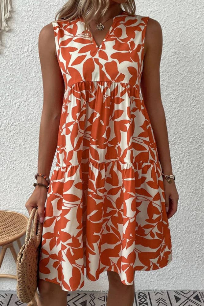 Sleeveless V Neck Flower Print Splicing Dress ZZKF764: Black / M