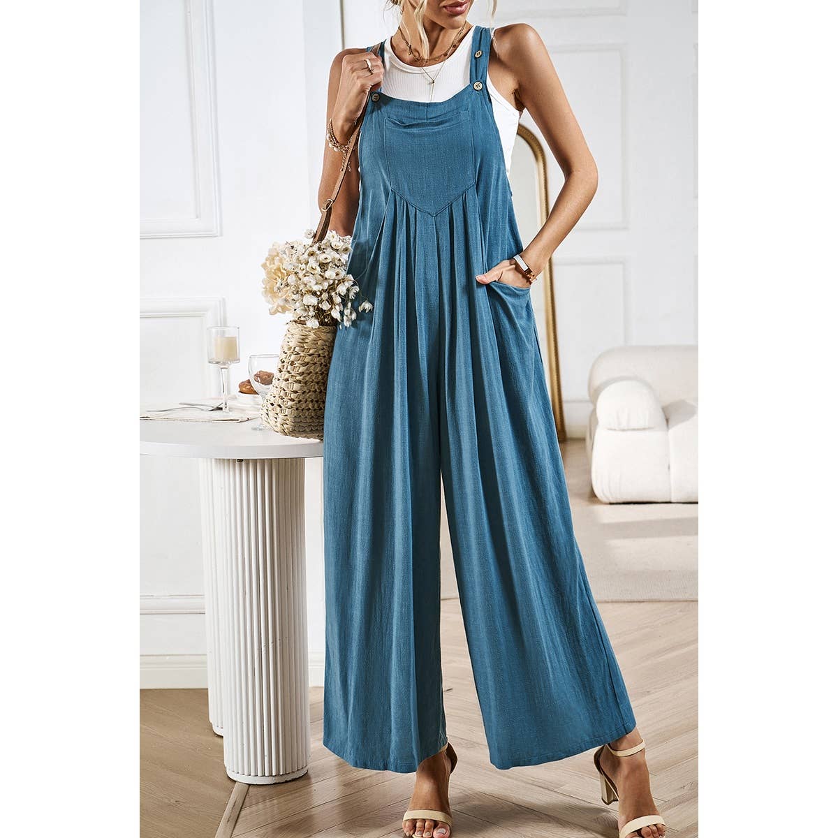 Button Detail Wide Leg Overall Pockets Jumpsuit: Rust / S