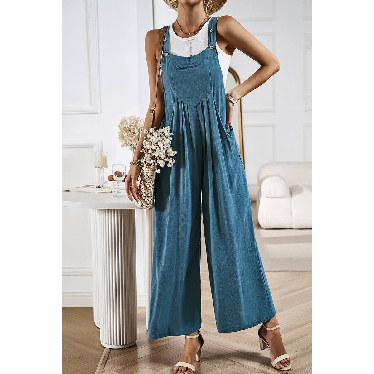 Button Detail Wide Leg Overall Pockets Jumpsuit: Rust / S