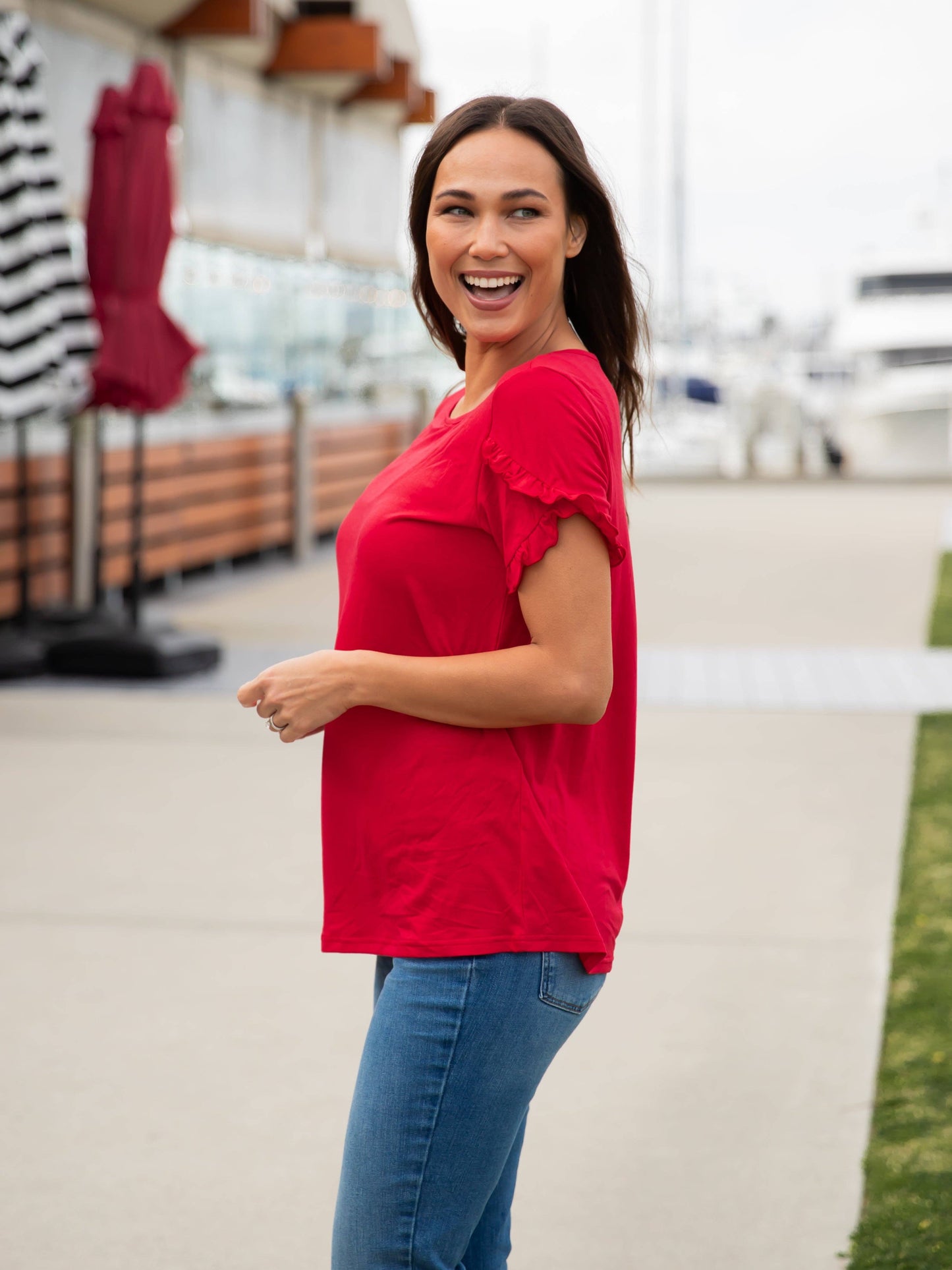 Ruffle Detail Short Sleeve Top: Tan / Large