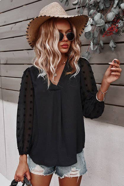 Solid V Neck Lantern Sleeve Swiss Dot Shirt: PINK / M